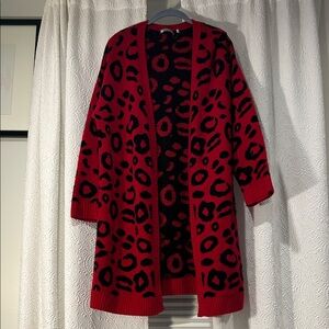 InCashmere Vibrant Red and Black Leopard Duster Cardigan Merino Wool Cashmere